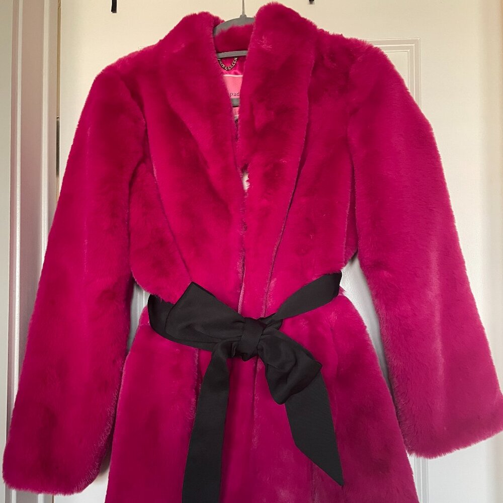 Kate Spade Hot Pink - Bow Waist Faux Fur Coat